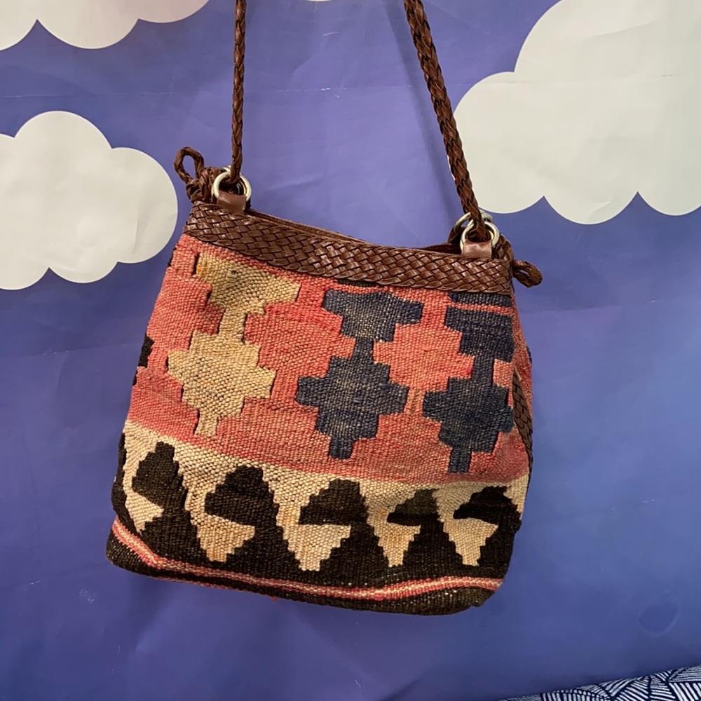 Vintage L J Simone Kilim Rug Bucket Bag Purse